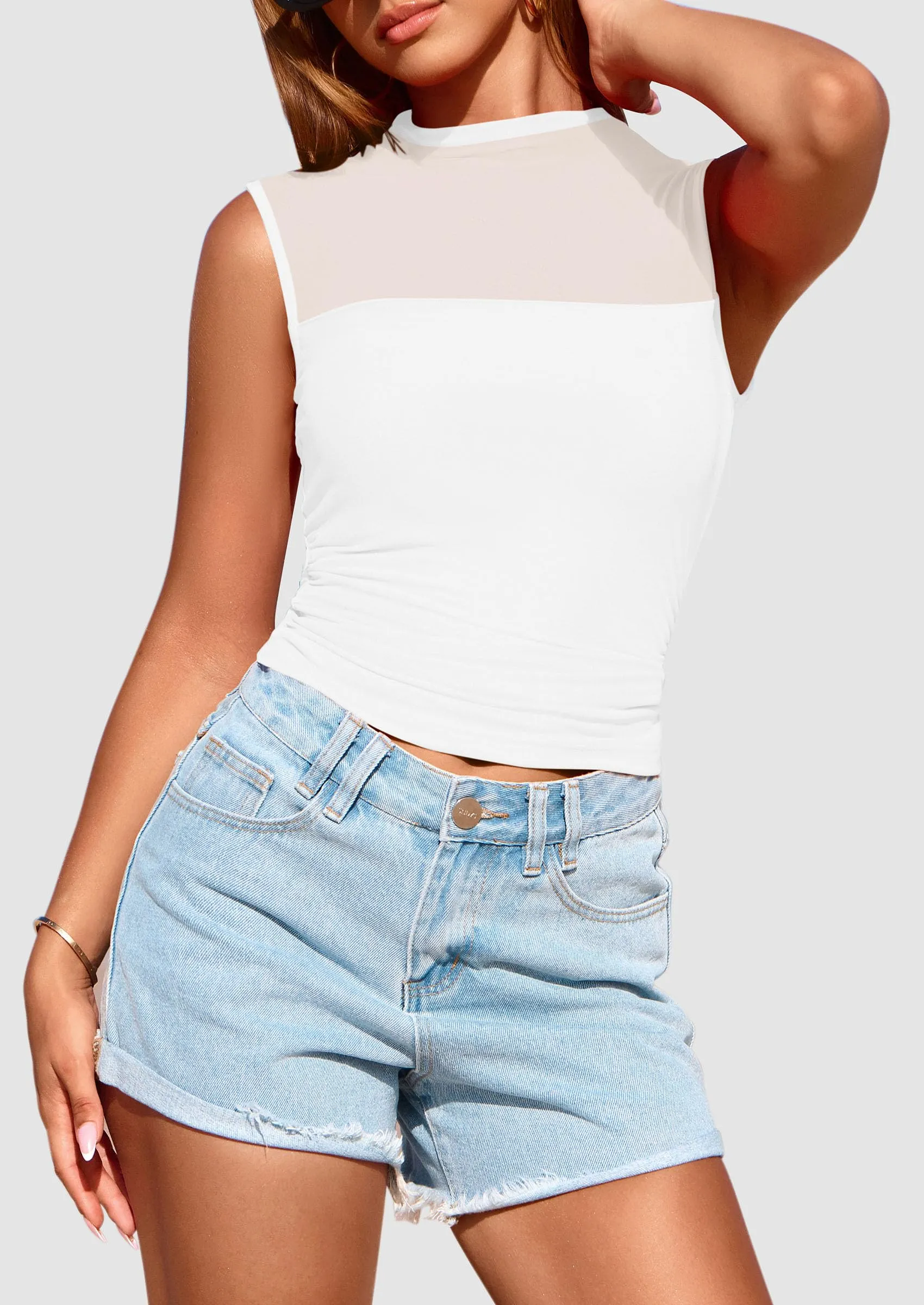 Sheer Mesh Casual Sleeveless Mock Neck Ruched Slim Fitted Tank Tops