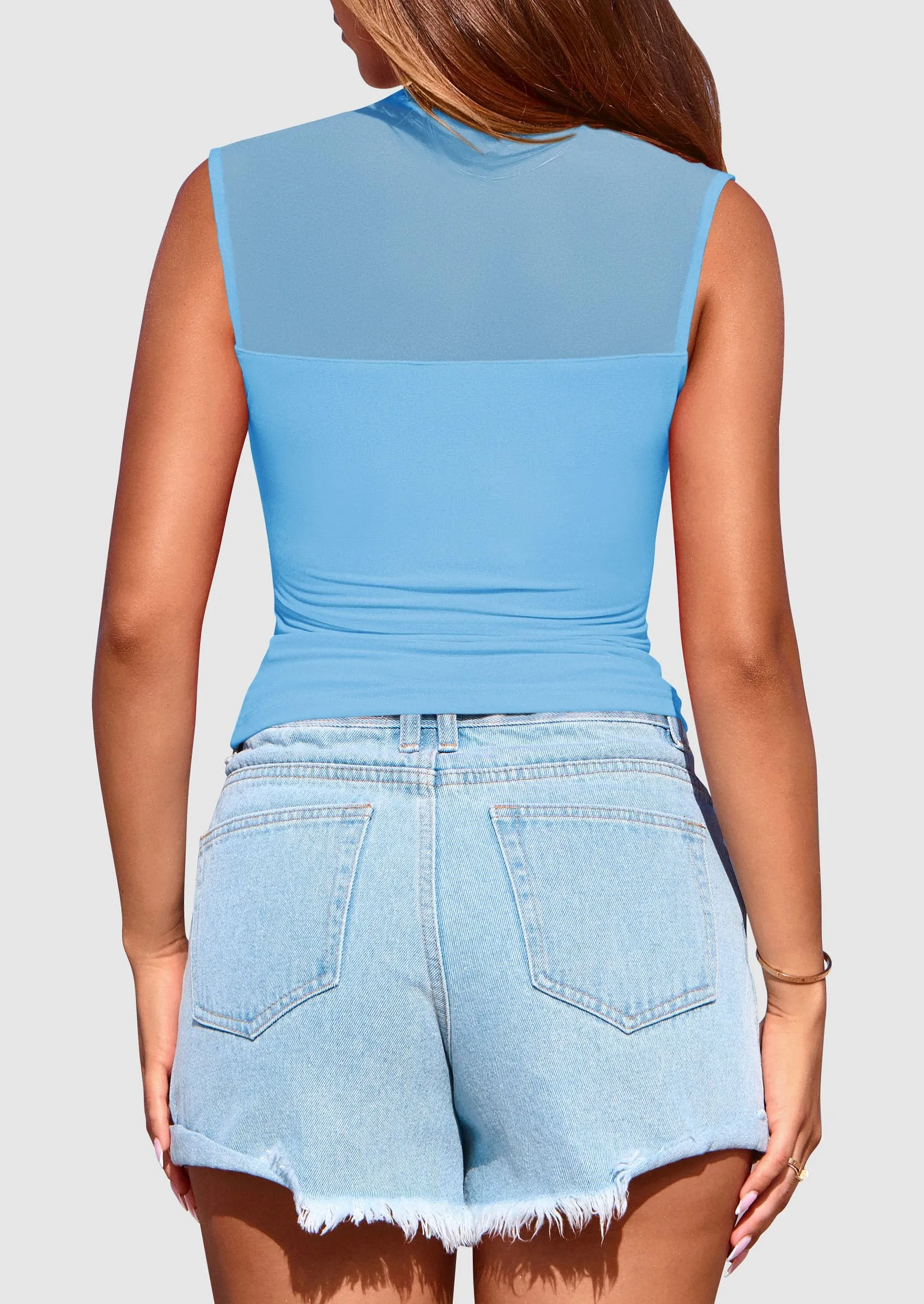 Sheer Mesh Casual Sleeveless Mock Neck Ruched Slim Fitted Tank Tops