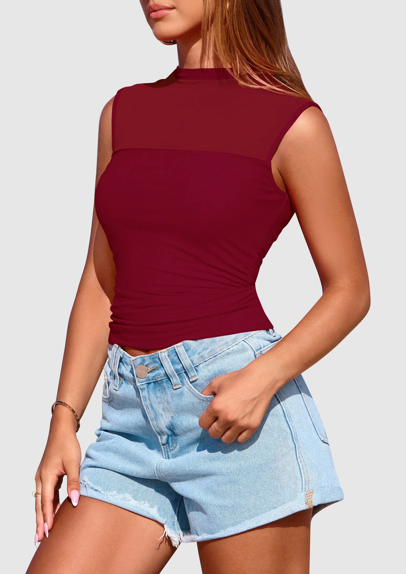 Sheer Mesh Casual Sleeveless Mock Neck Ruched Slim Fitted Tank Tops