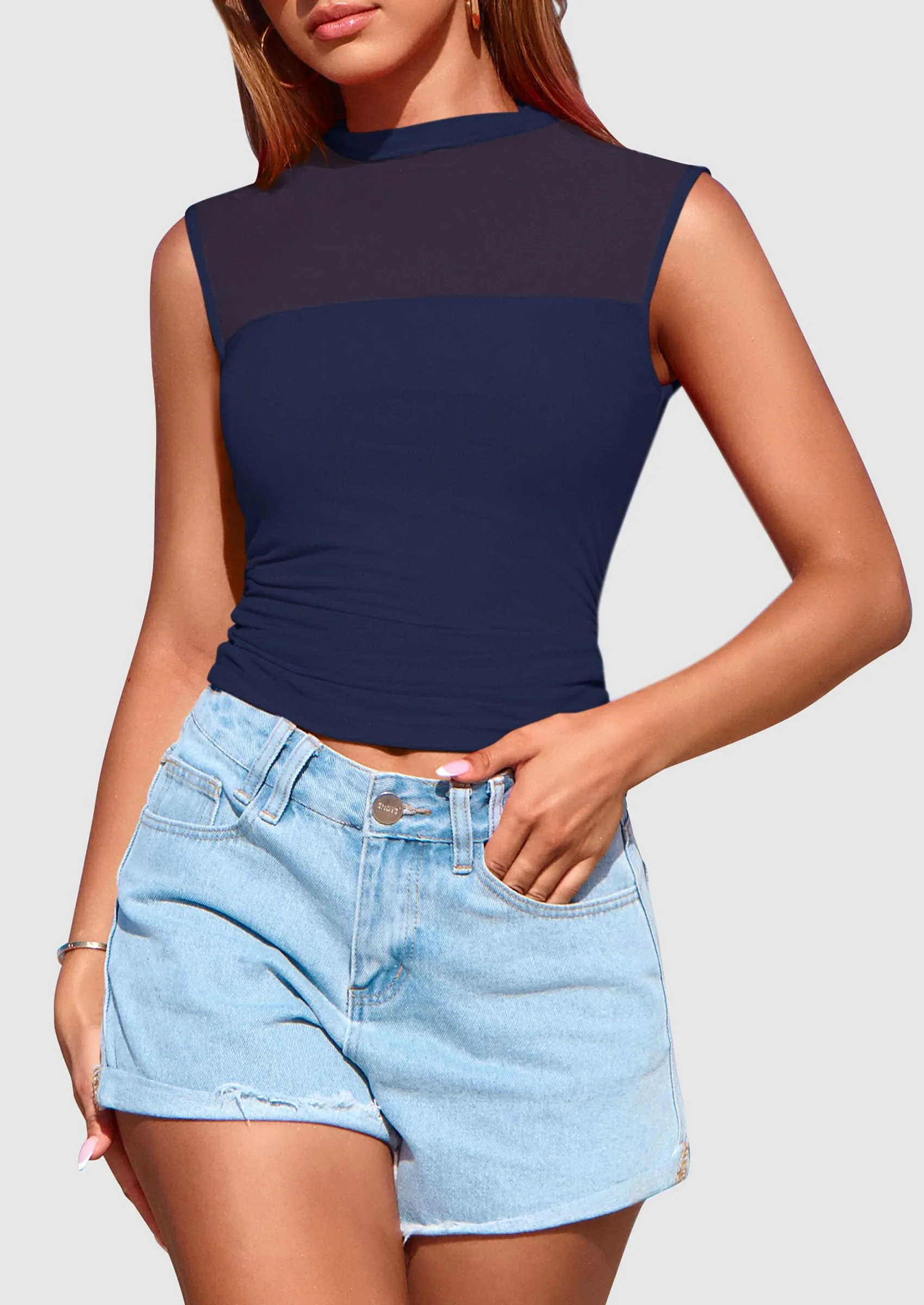 Sheer Mesh Casual Sleeveless Mock Neck Ruched Slim Fitted Tank Tops
