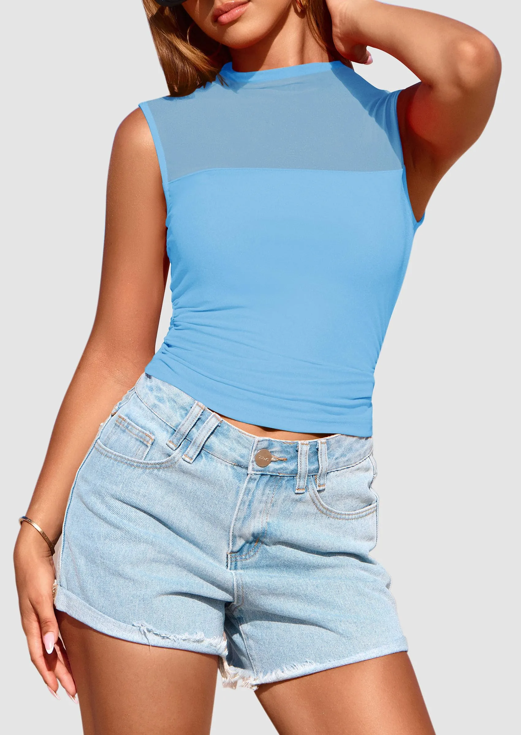 Sheer Mesh Casual Sleeveless Mock Neck Ruched Slim Fitted Tank Tops