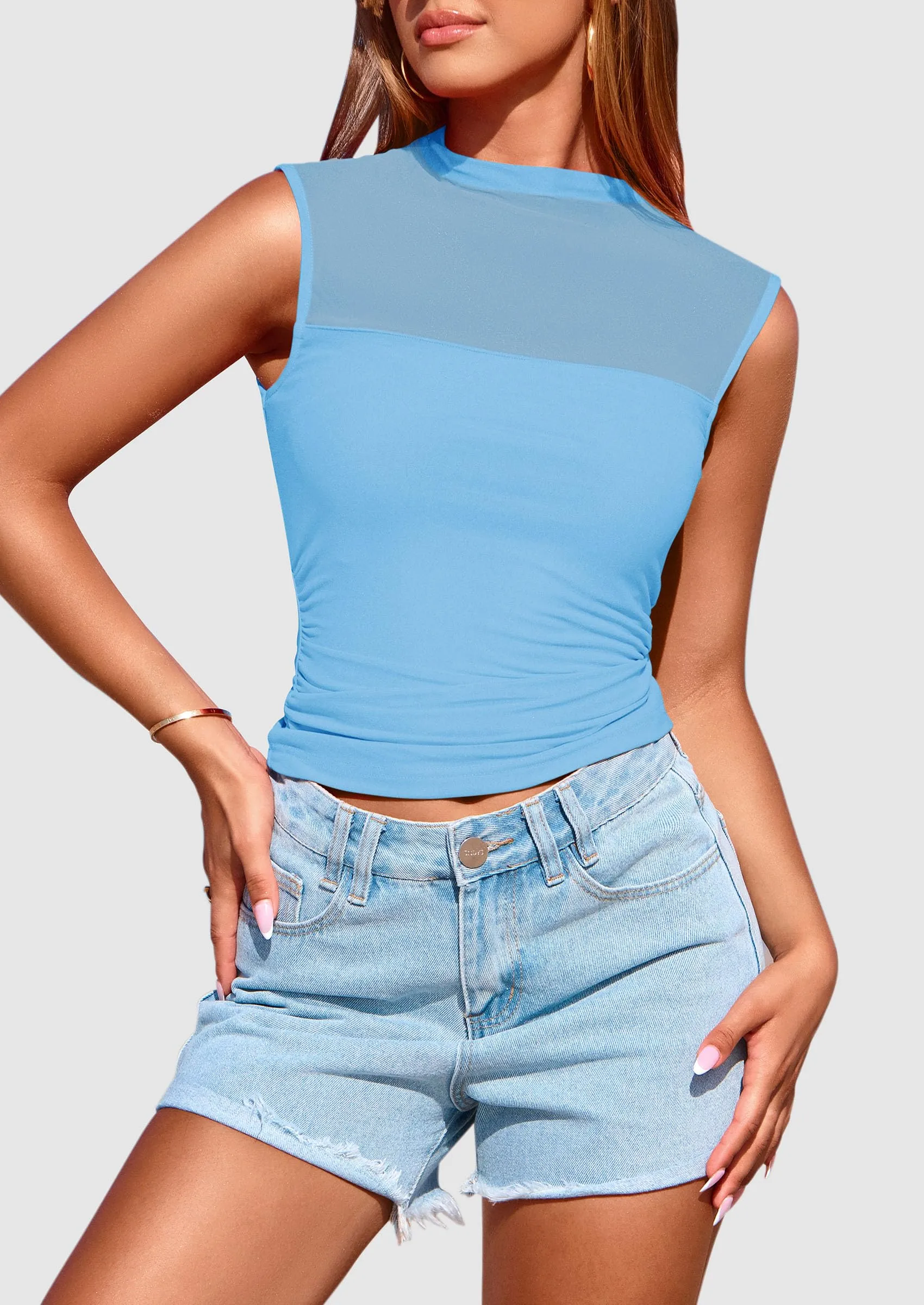 Sheer Mesh Casual Sleeveless Mock Neck Ruched Slim Fitted Tank Tops