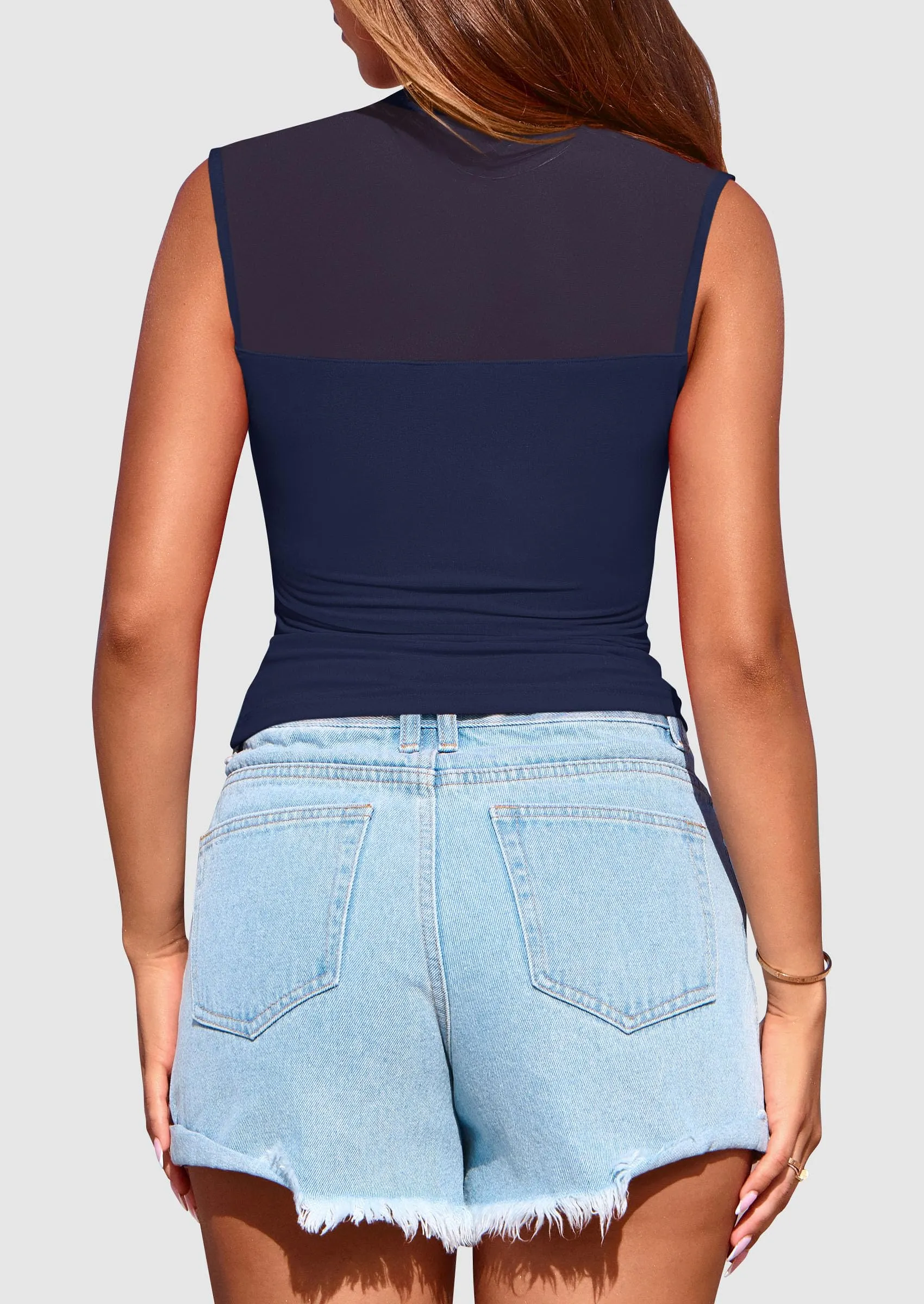 Sheer Mesh Casual Sleeveless Mock Neck Ruched Slim Fitted Tank Tops