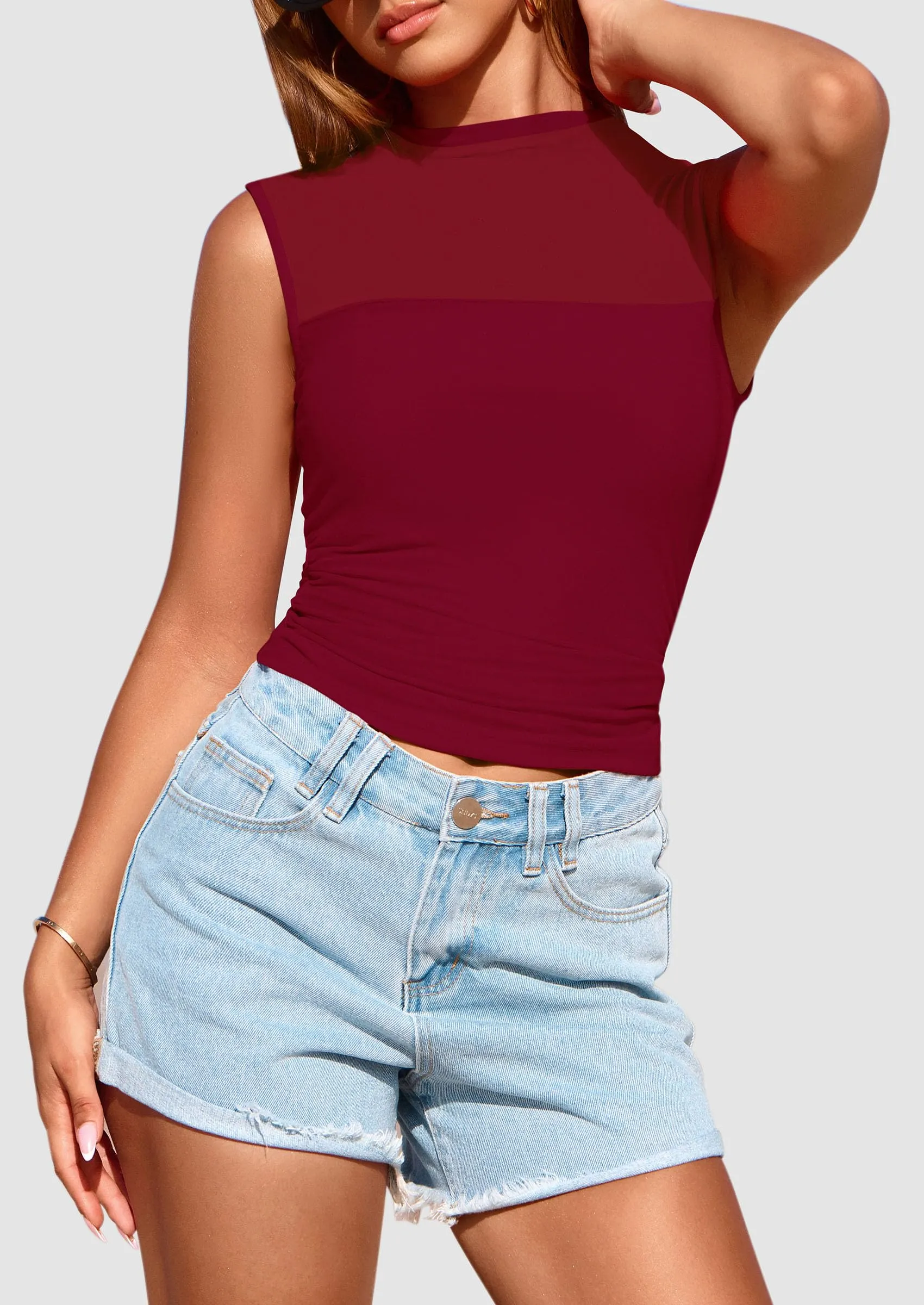 Sheer Mesh Casual Sleeveless Mock Neck Ruched Slim Fitted Tank Tops