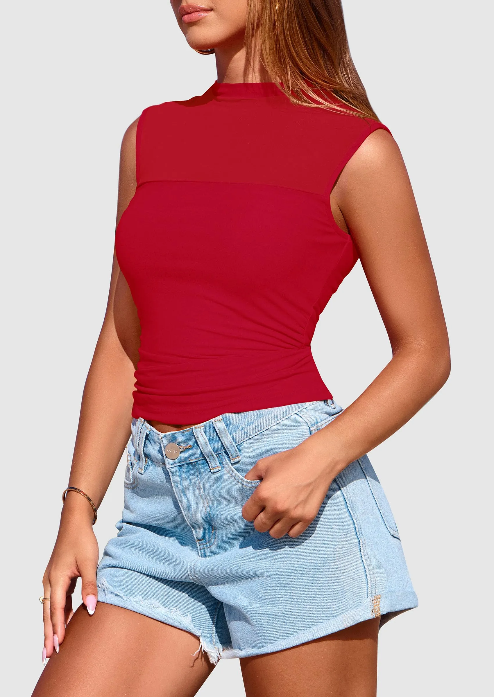 Sheer Mesh Casual Sleeveless Mock Neck Ruched Slim Fitted Tank Tops