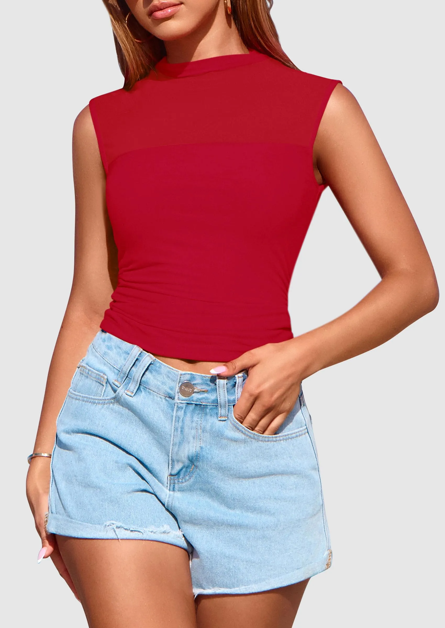 Sheer Mesh Casual Sleeveless Mock Neck Ruched Slim Fitted Tank Tops