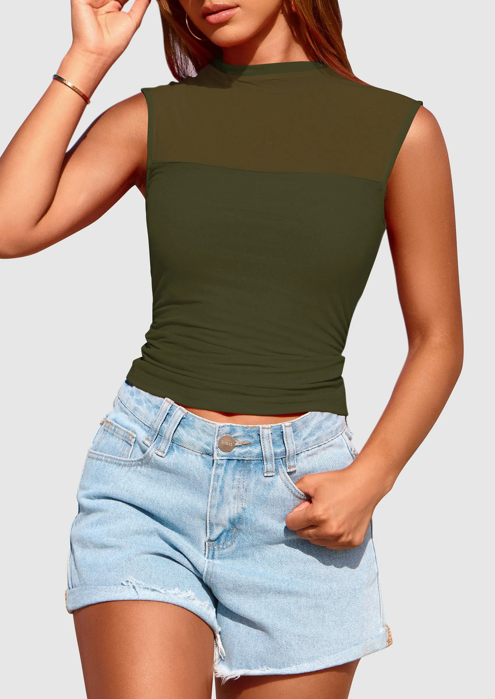 Sheer Mesh Casual Sleeveless Mock Neck Ruched Slim Fitted Tank Tops