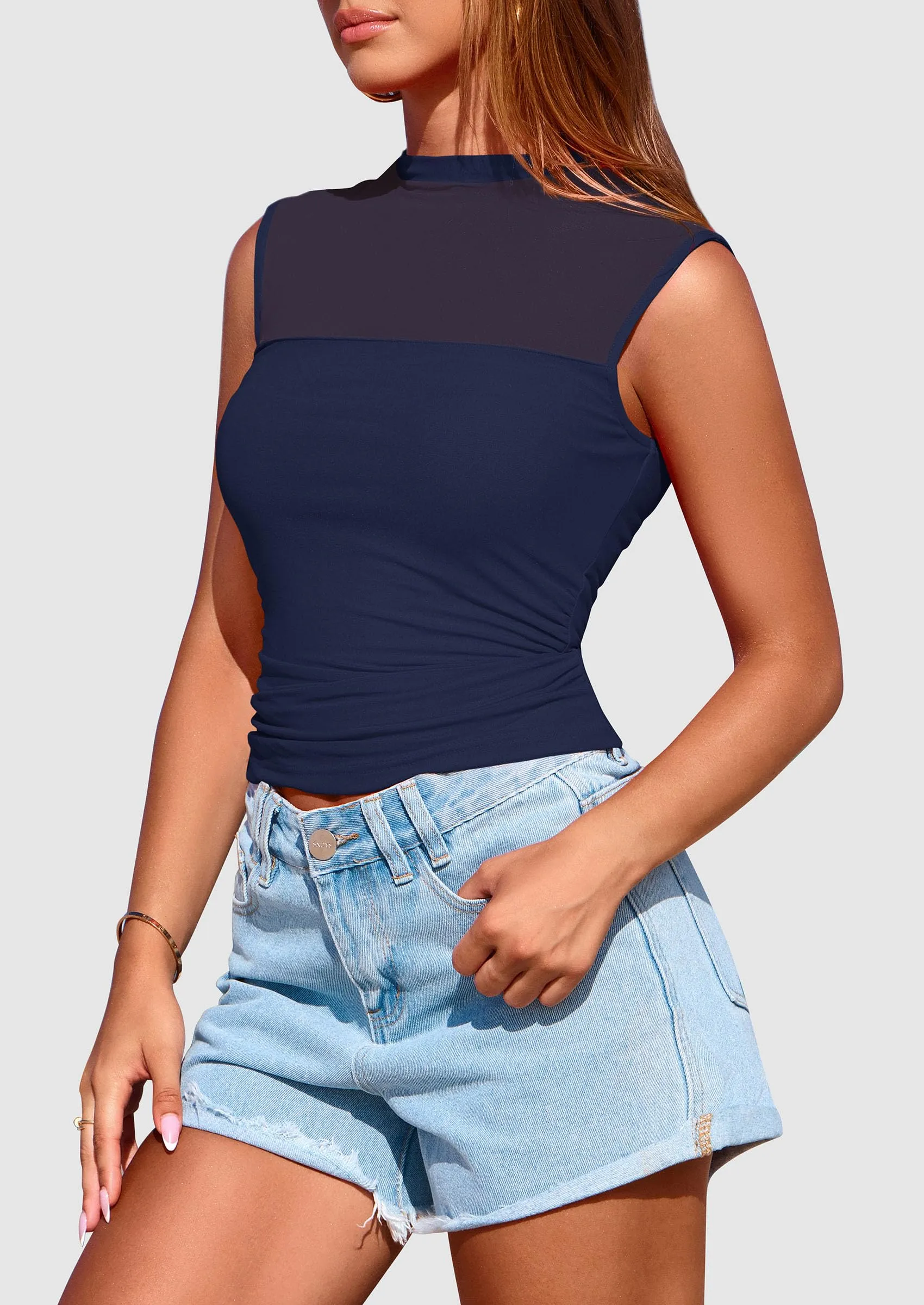 Sheer Mesh Casual Sleeveless Mock Neck Ruched Slim Fitted Tank Tops