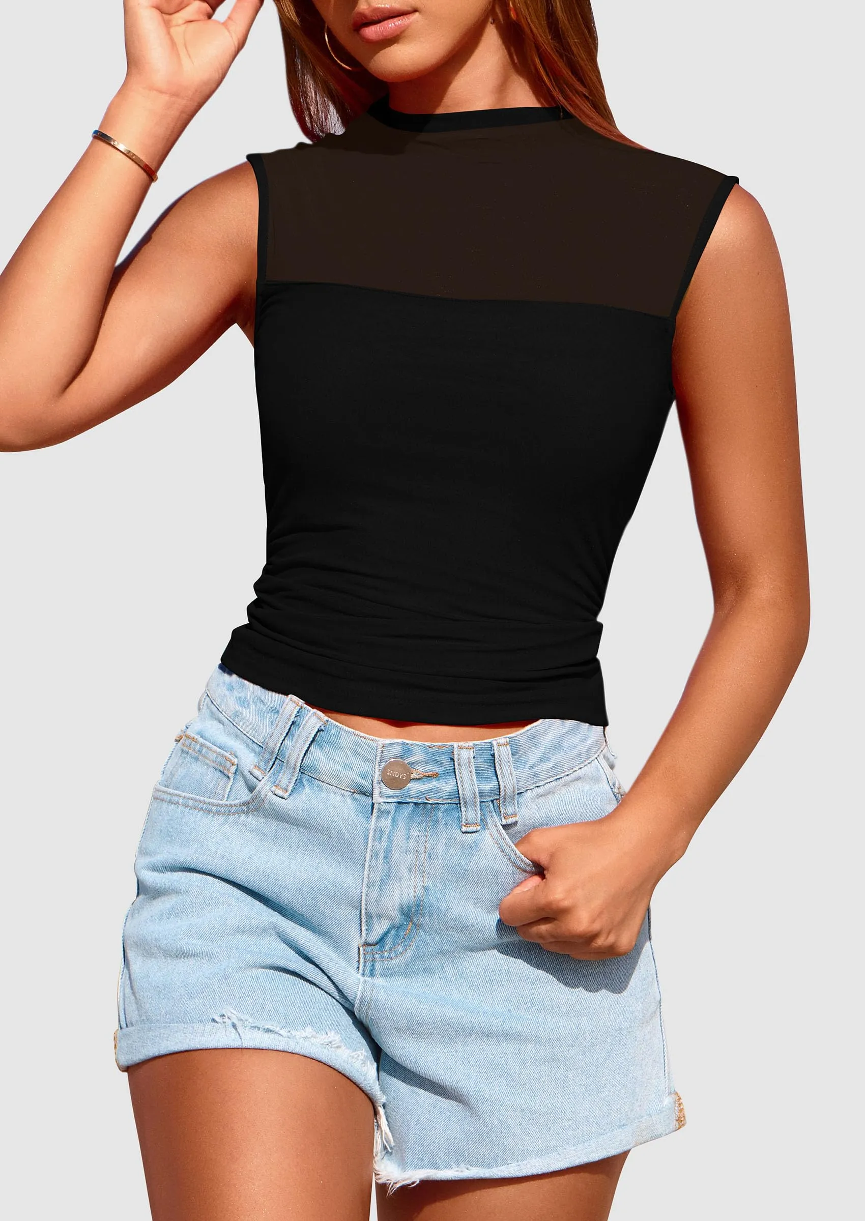 Sheer Mesh Casual Sleeveless Mock Neck Ruched Slim Fitted Tank Tops
