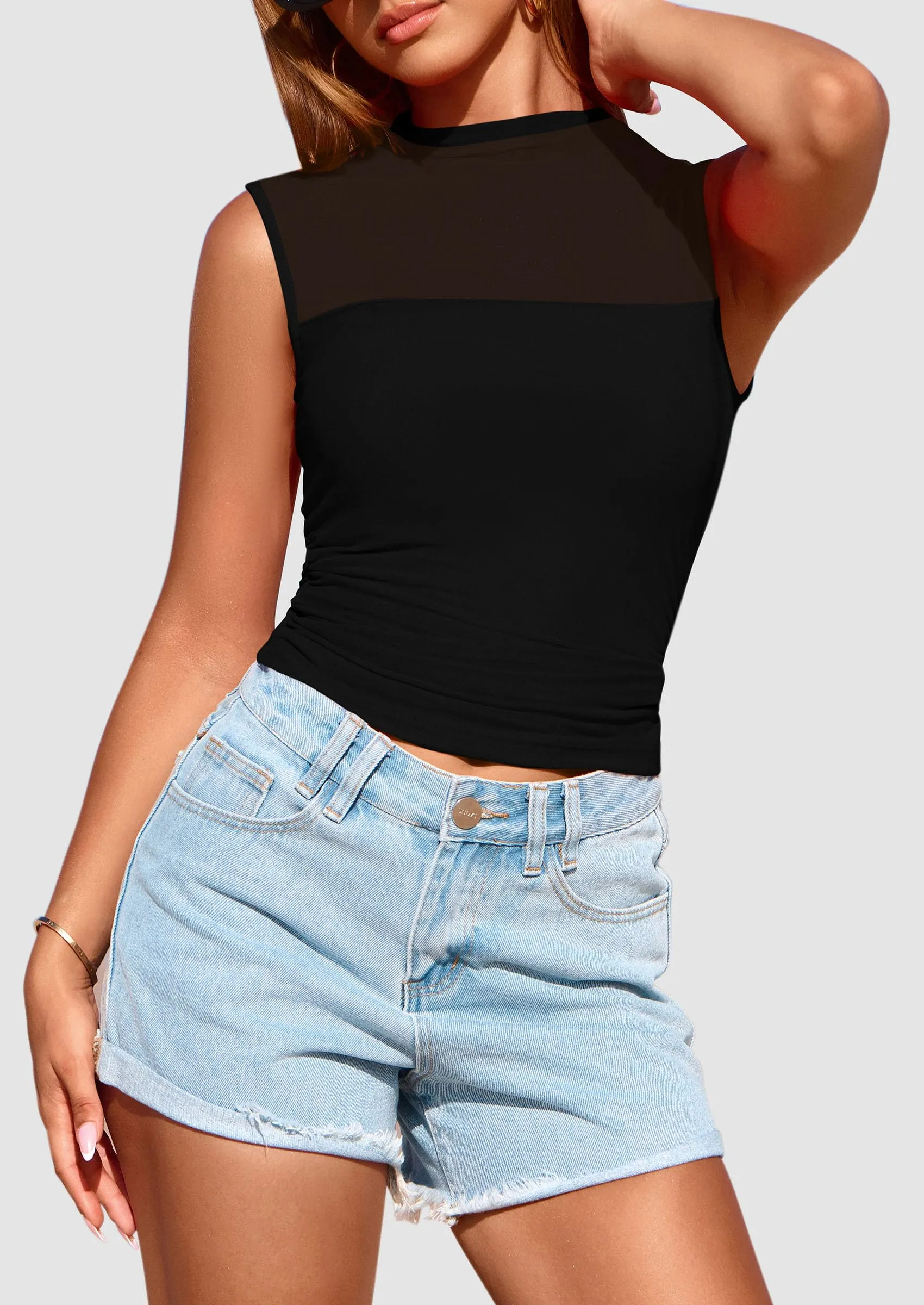 Sheer Mesh Casual Sleeveless Mock Neck Ruched Slim Fitted Tank Tops