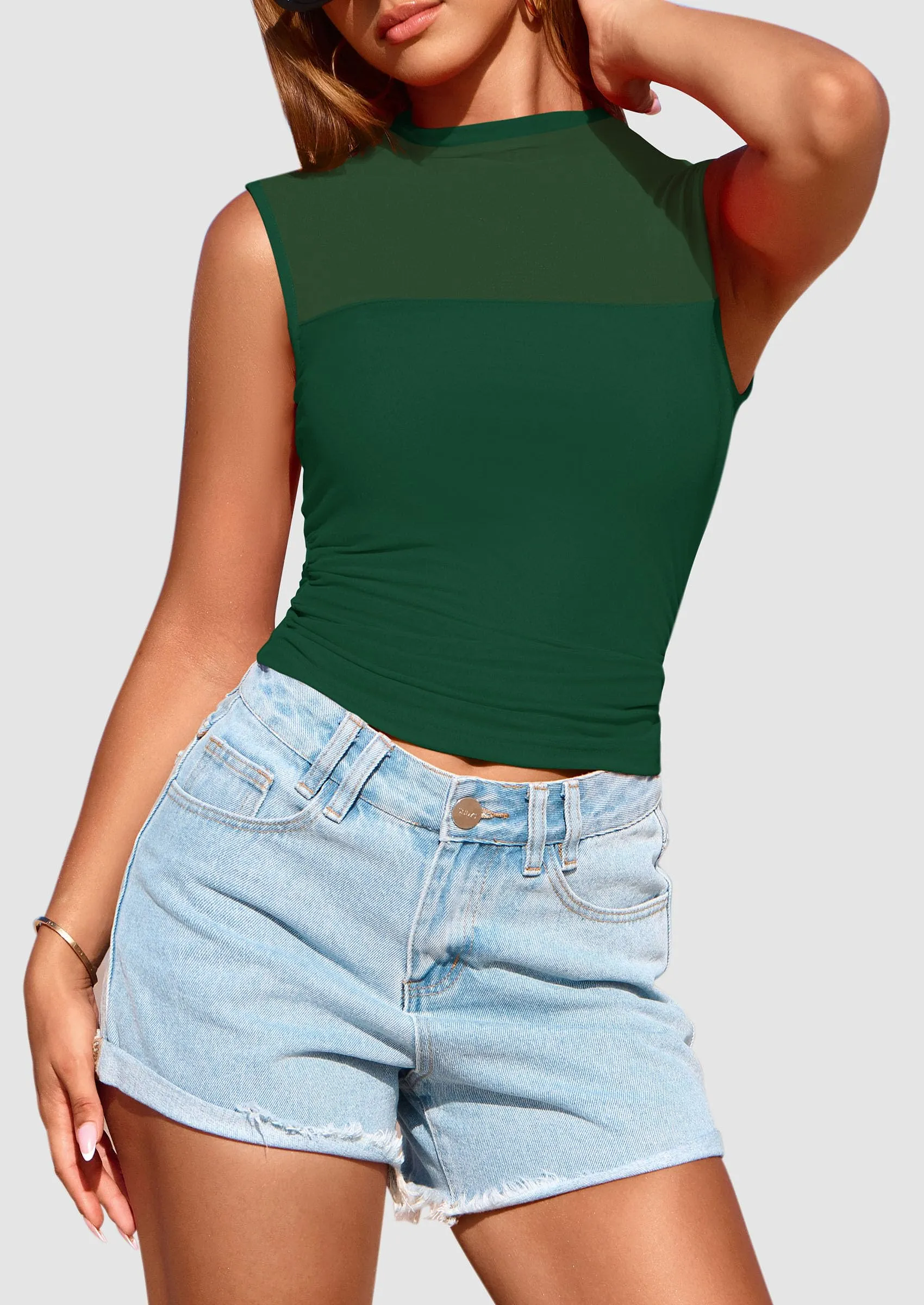 Sheer Mesh Casual Sleeveless Mock Neck Ruched Slim Fitted Tank Tops