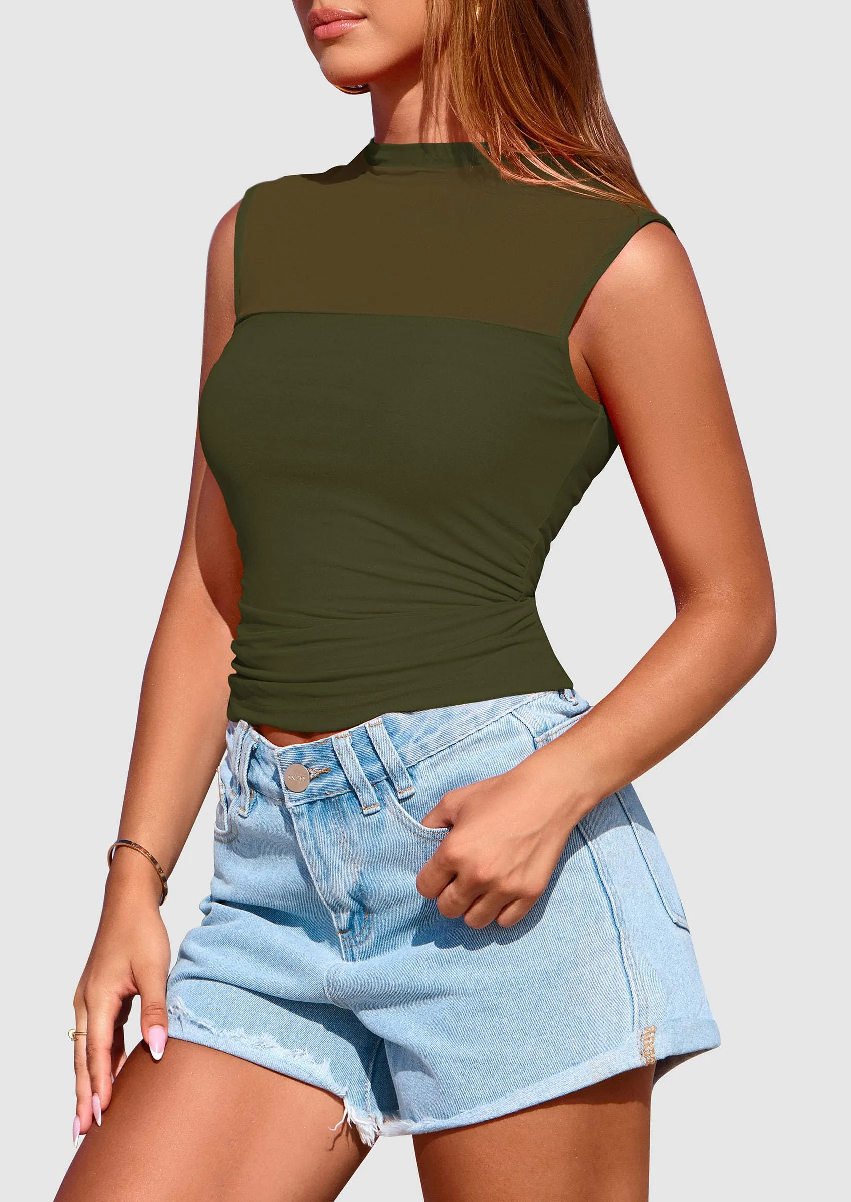 Sheer Mesh Casual Sleeveless Mock Neck Ruched Slim Fitted Tank Tops