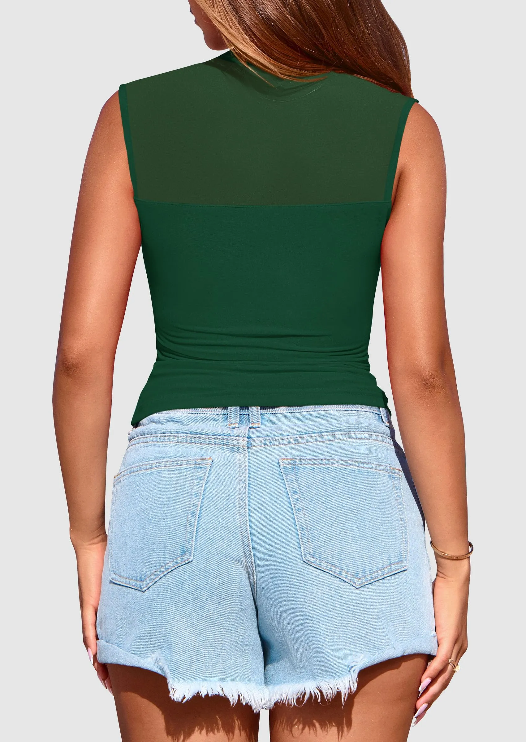 Sheer Mesh Casual Sleeveless Mock Neck Ruched Slim Fitted Tank Tops