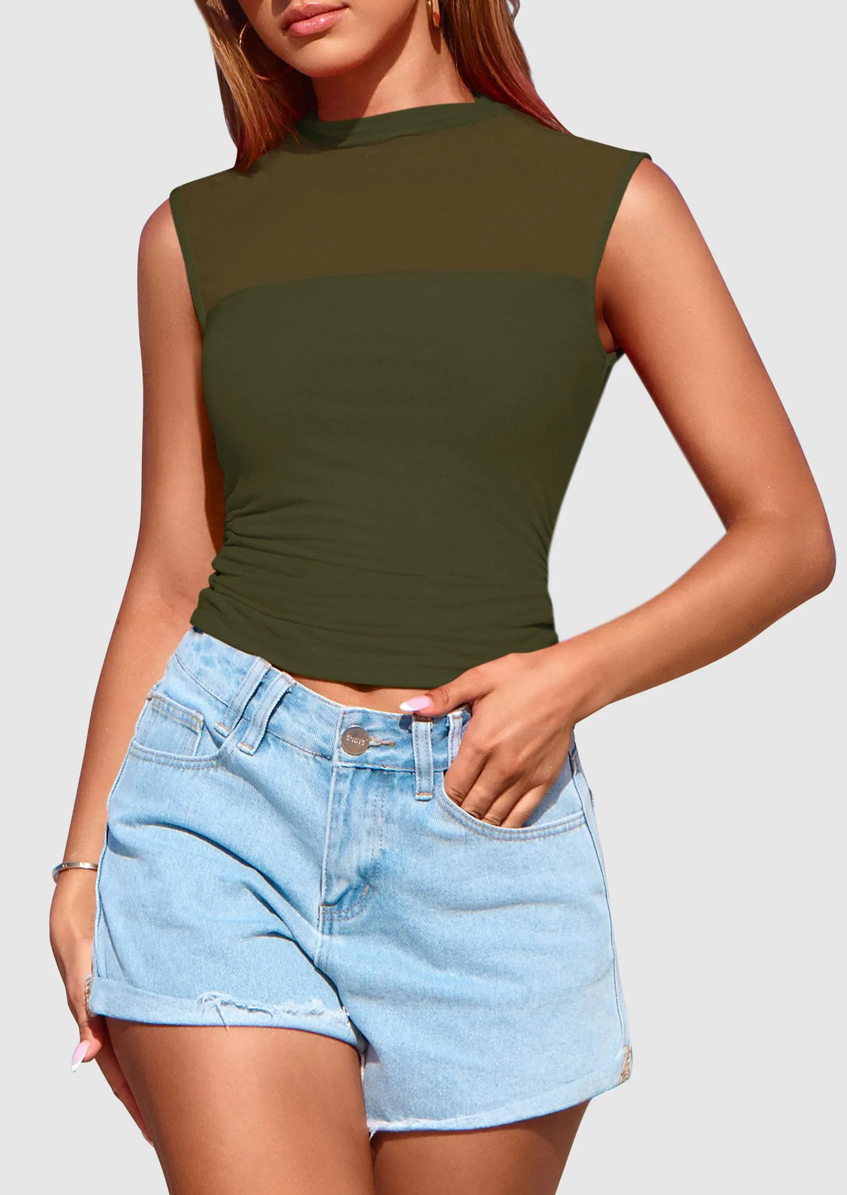 Sheer Mesh Casual Sleeveless Mock Neck Ruched Slim Fitted Tank Tops