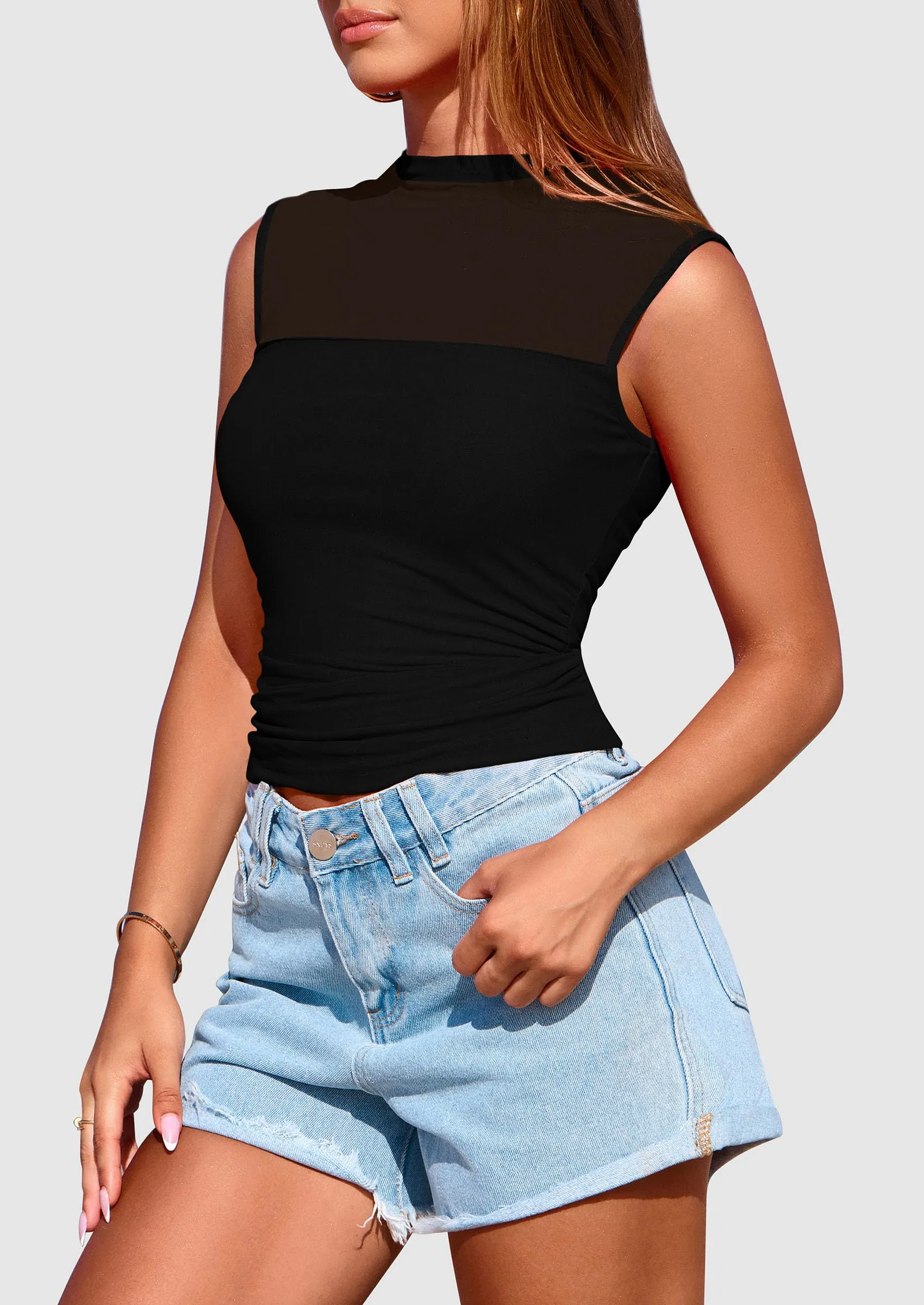 Sheer Mesh Casual Sleeveless Mock Neck Ruched Slim Fitted Tank Tops