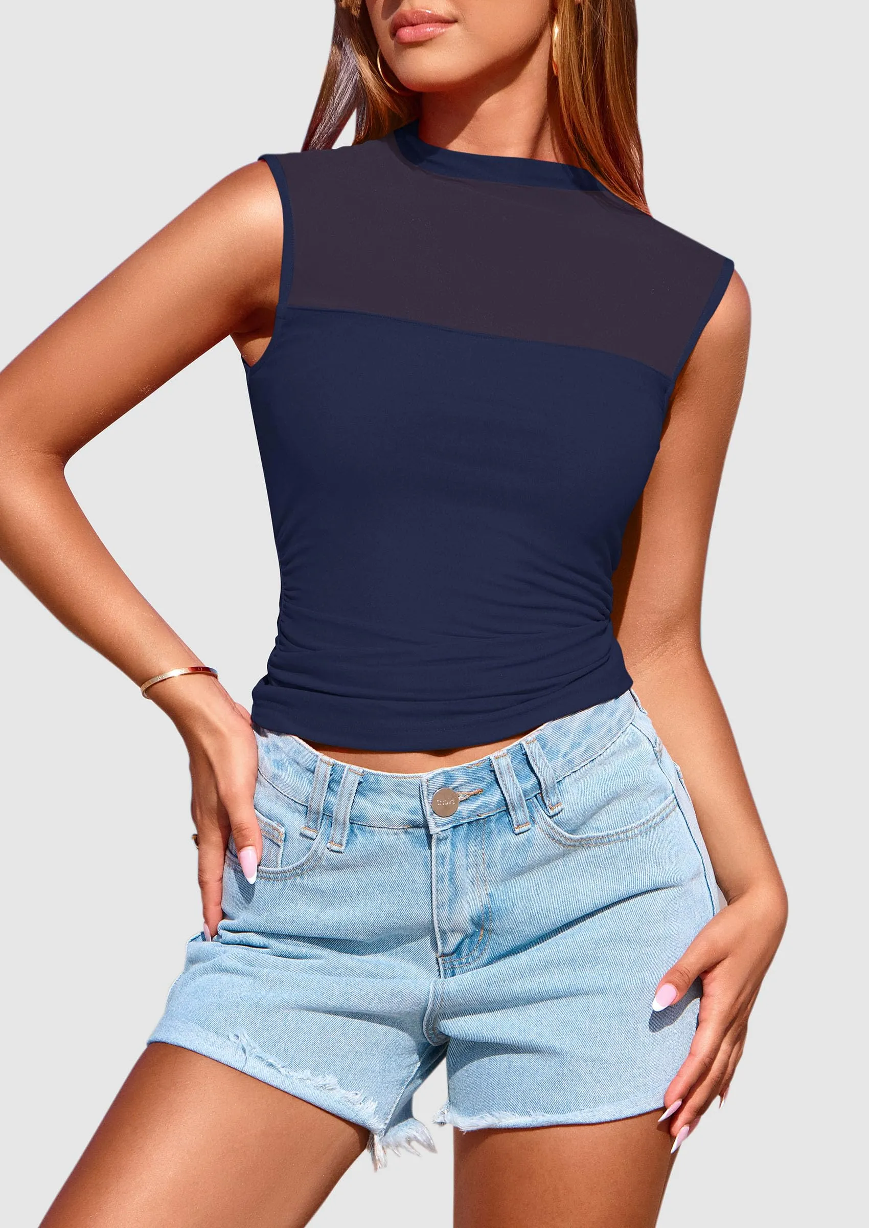 Sheer Mesh Casual Sleeveless Mock Neck Ruched Slim Fitted Tank Tops