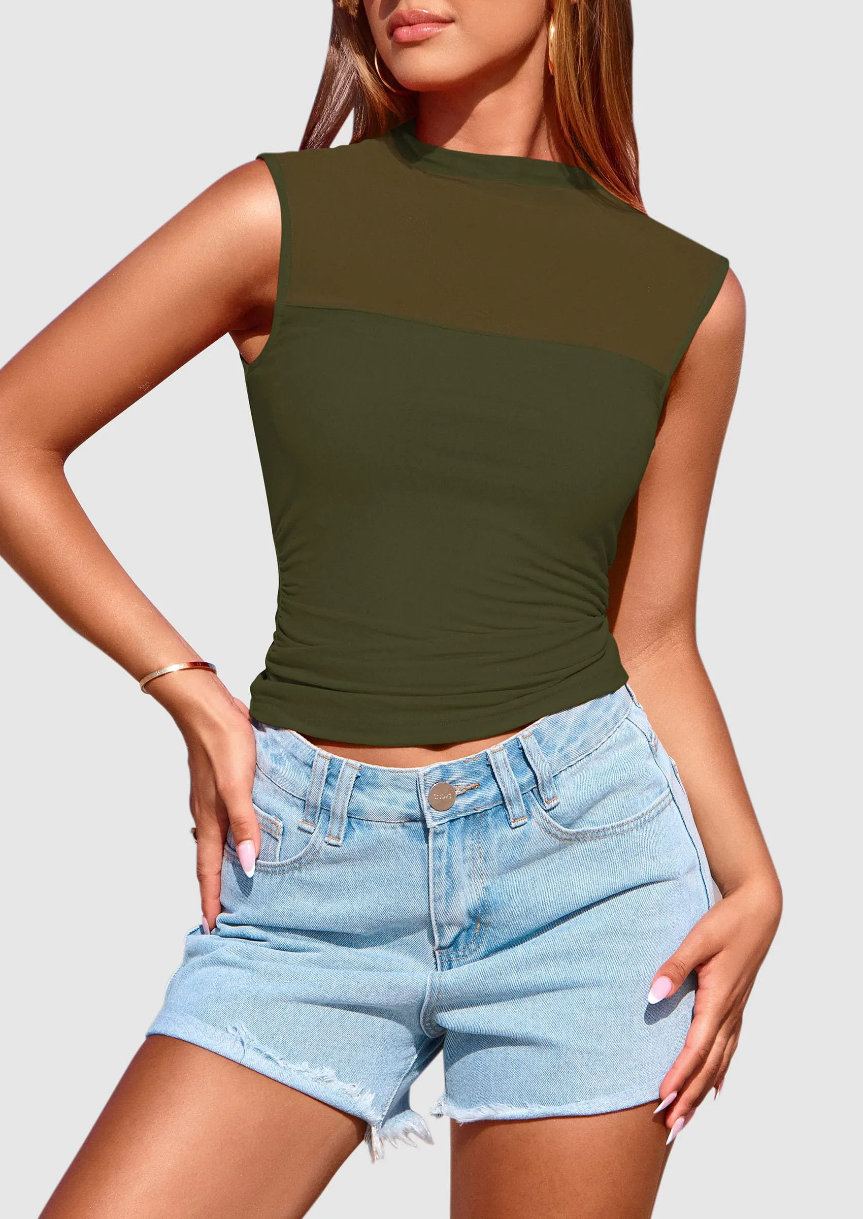 Sheer Mesh Casual Sleeveless Mock Neck Ruched Slim Fitted Tank Tops