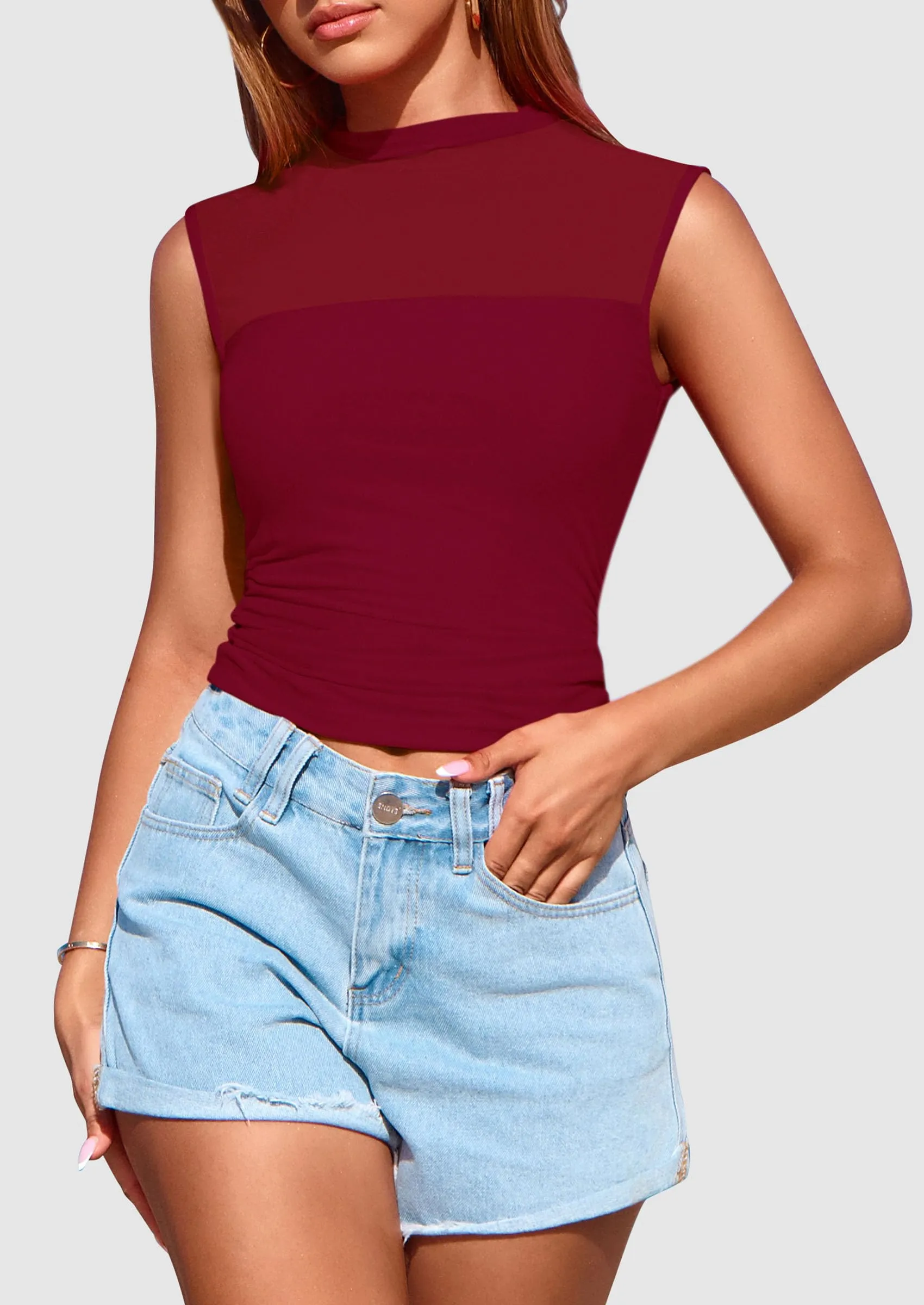 Sheer Mesh Casual Sleeveless Mock Neck Ruched Slim Fitted Tank Tops