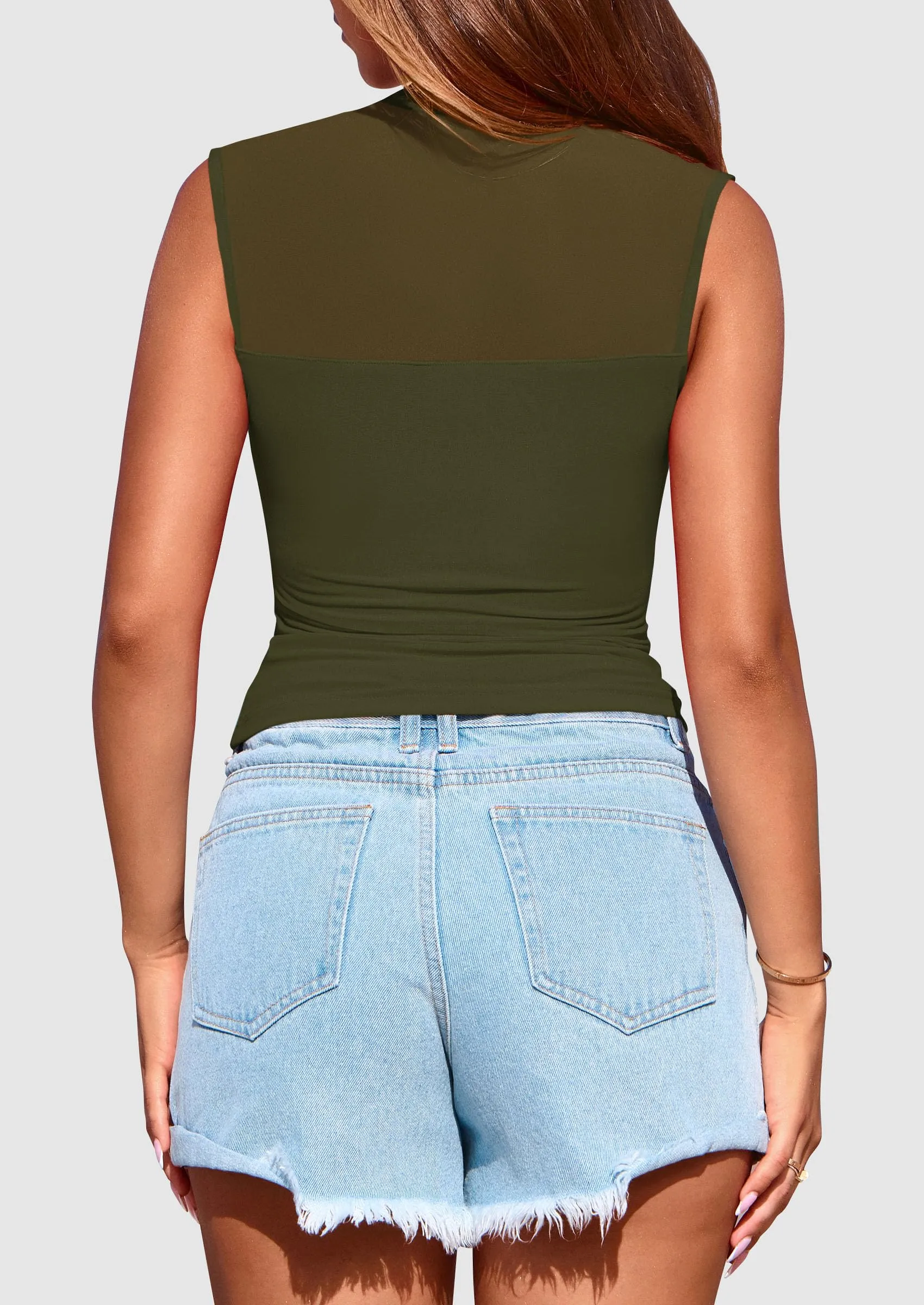 Sheer Mesh Casual Sleeveless Mock Neck Ruched Slim Fitted Tank Tops
