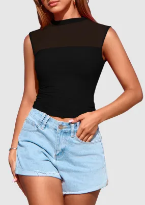 Sheer Mesh Casual Sleeveless Mock Neck Ruched Slim Fitted Tank Tops