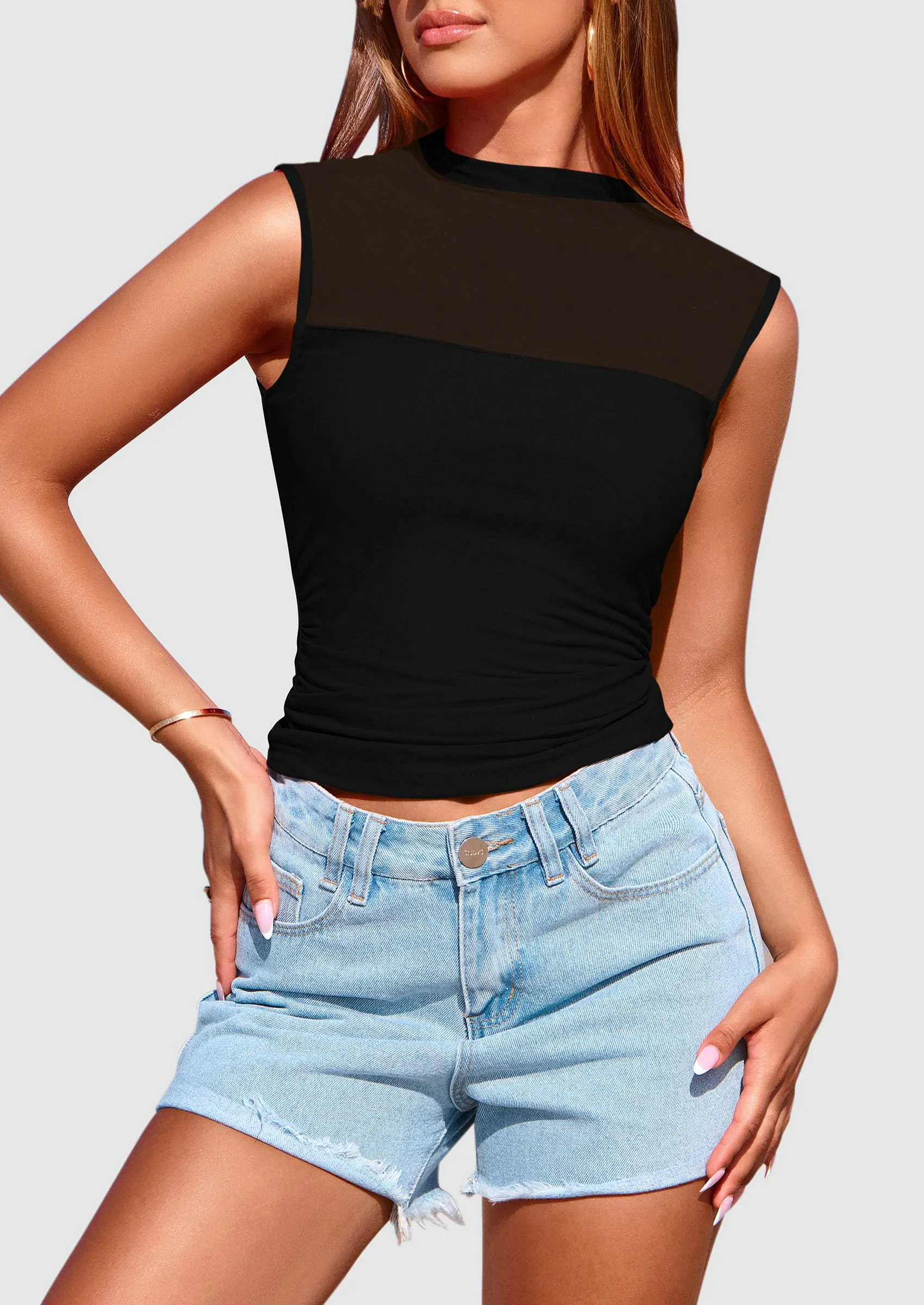 Sheer Mesh Casual Sleeveless Mock Neck Ruched Slim Fitted Tank Tops