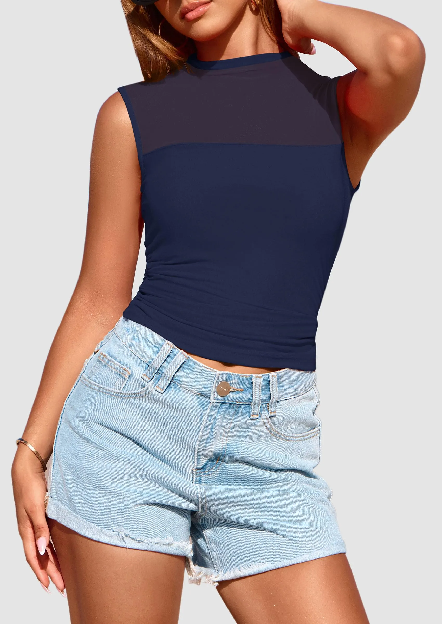 Sheer Mesh Casual Sleeveless Mock Neck Ruched Slim Fitted Tank Tops