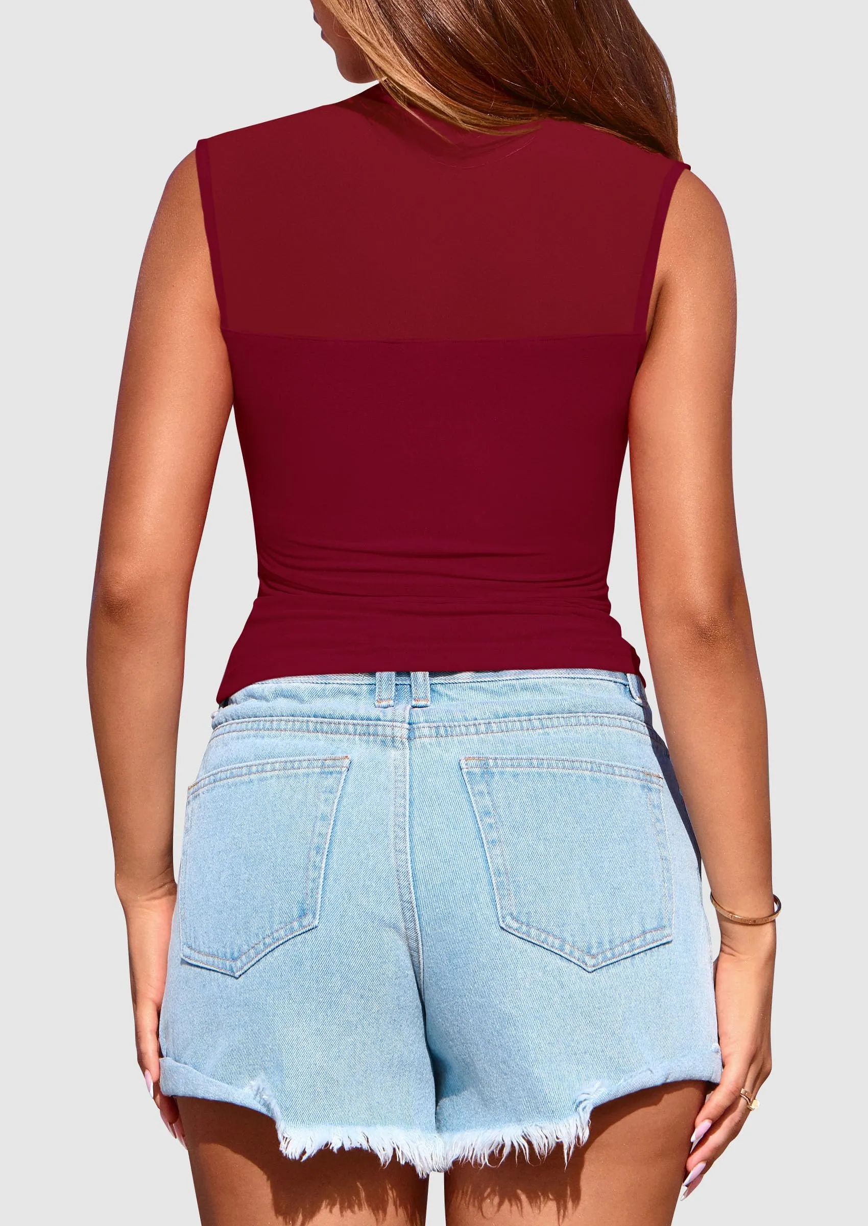 Sheer Mesh Casual Sleeveless Mock Neck Ruched Slim Fitted Tank Tops