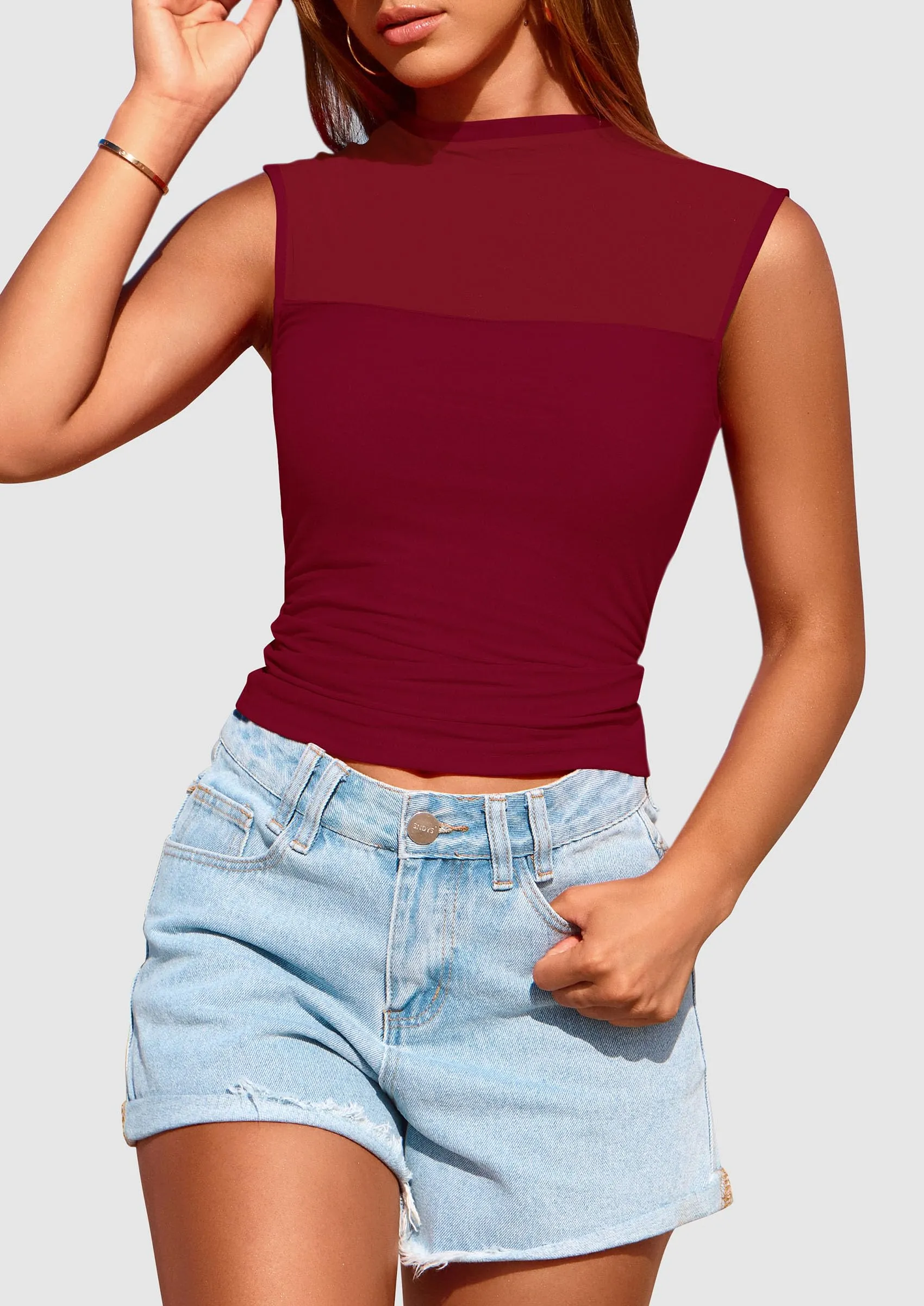 Sheer Mesh Casual Sleeveless Mock Neck Ruched Slim Fitted Tank Tops