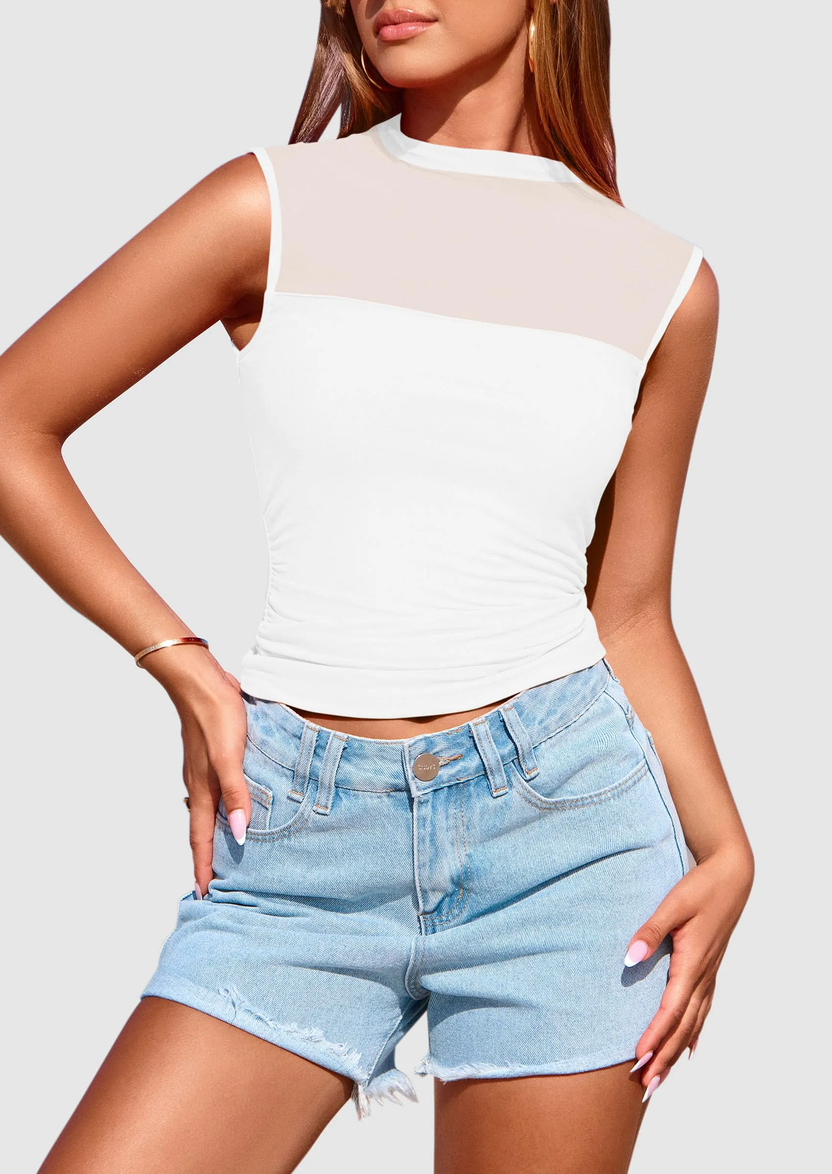 Sheer Mesh Casual Sleeveless Mock Neck Ruched Slim Fitted Tank Tops