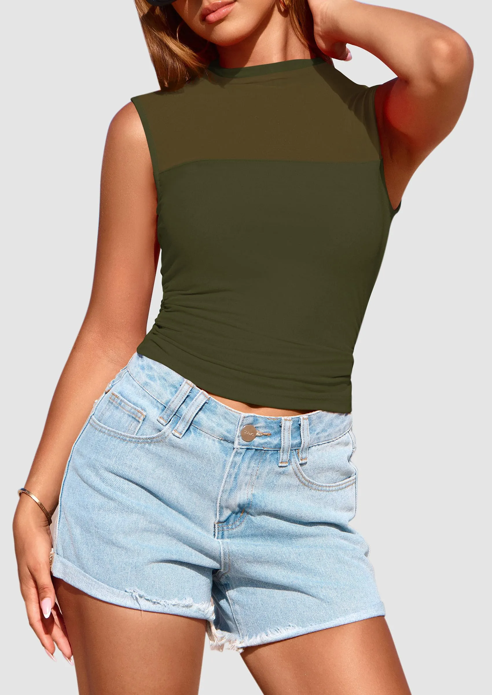 Sheer Mesh Casual Sleeveless Mock Neck Ruched Slim Fitted Tank Tops