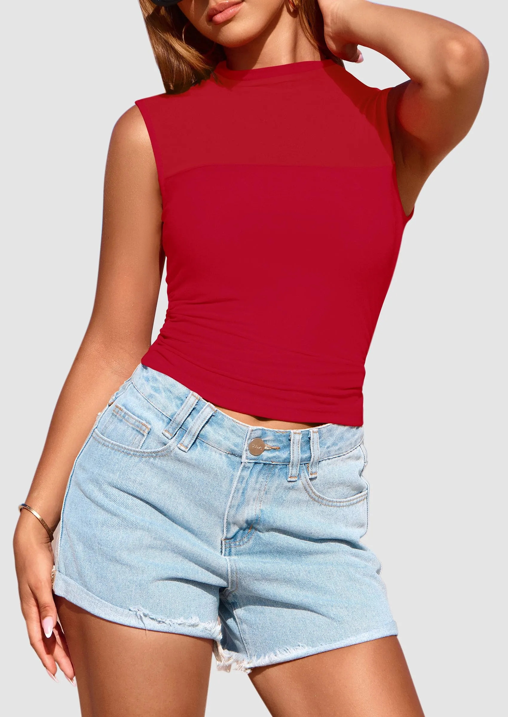 Sheer Mesh Casual Sleeveless Mock Neck Ruched Slim Fitted Tank Tops