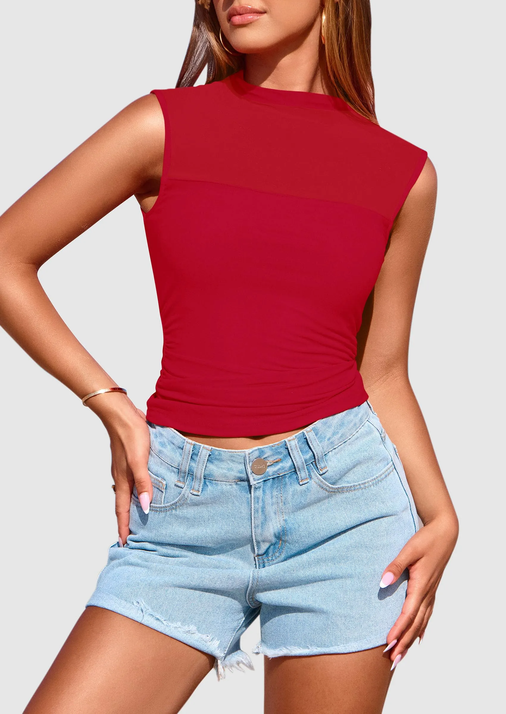 Sheer Mesh Casual Sleeveless Mock Neck Ruched Slim Fitted Tank Tops