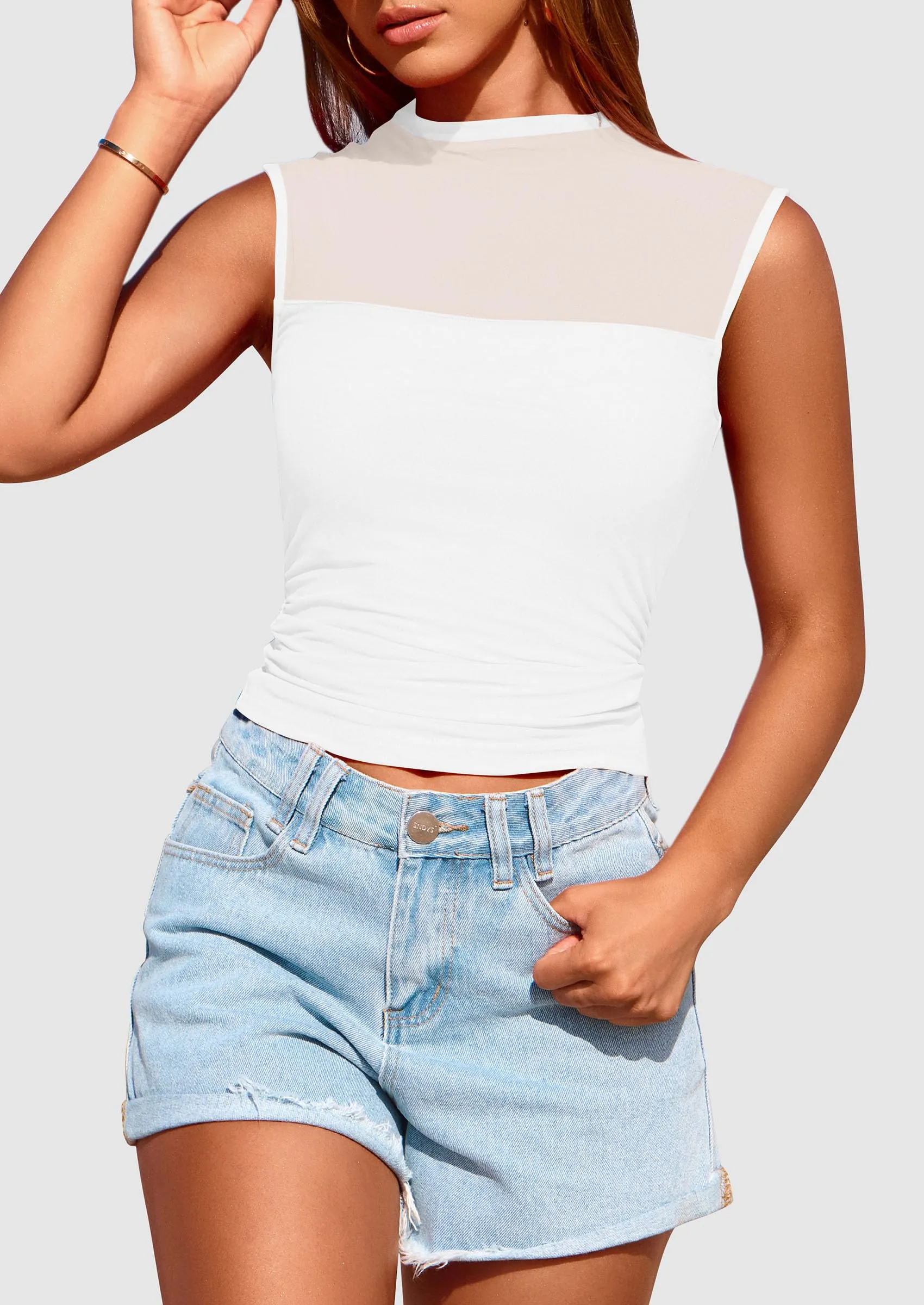 Sheer Mesh Casual Sleeveless Mock Neck Ruched Slim Fitted Tank Tops