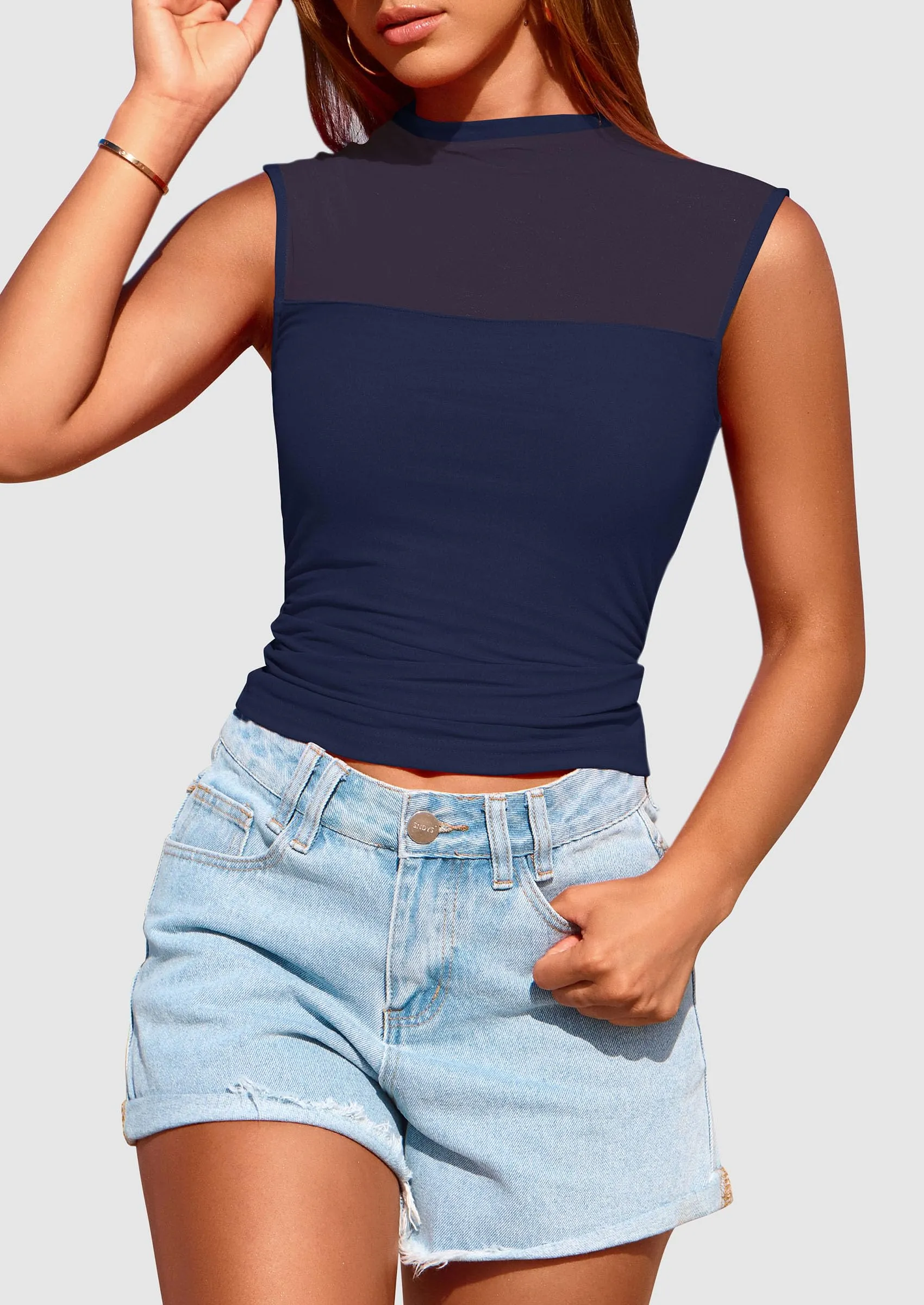 Sheer Mesh Casual Sleeveless Mock Neck Ruched Slim Fitted Tank Tops