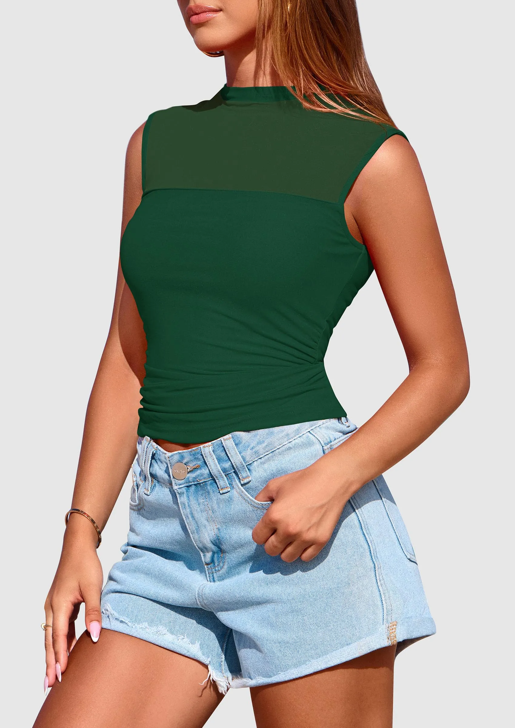 Sheer Mesh Casual Sleeveless Mock Neck Ruched Slim Fitted Tank Tops