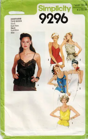 Simplicity 9296 Womens Bias Camisole Tops 1980s Vintage Sewing Pattern Size 6 & 8 UNCUT Factory Folded