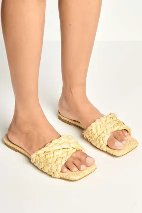 Solya Plaited Raffia Sliders in Beige