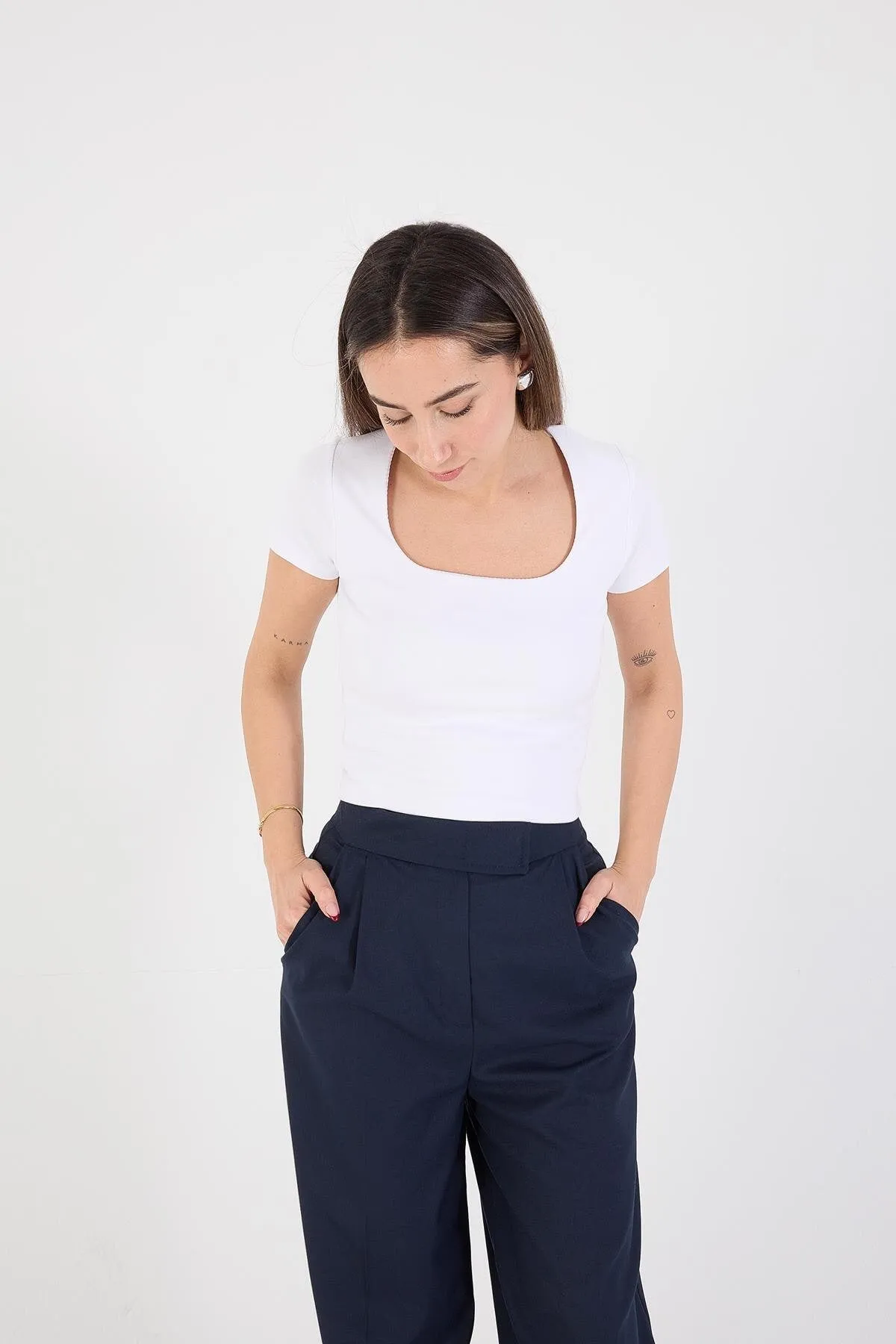 Square Neck Basic Blouse With Short Sleeve