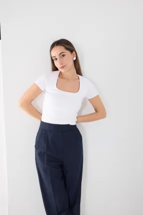Square Neck Basic Blouse With Short Sleeve