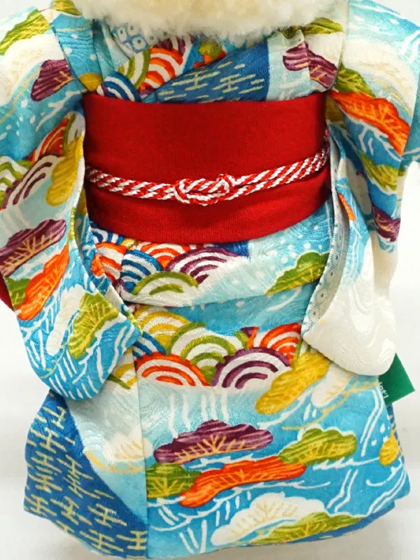 Stuffed Bunny Wearing Kimono. 10.6" (27cm) made in Japan. Stuffed Animal Kimono Teddy Bear Rabbit Doll Toys "Light Blue / Red"
