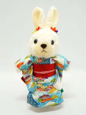 Stuffed Bunny Wearing Kimono. 10.6" (27cm) made in Japan. Stuffed Animal Kimono Teddy Bear Rabbit Doll Toys "Light Blue / Red"