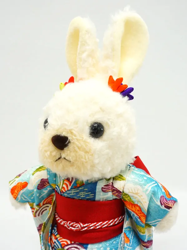 Stuffed Bunny Wearing Kimono. 10.6" (27cm) made in Japan. Stuffed Animal Kimono Teddy Bear Rabbit Doll Toys "Light Blue / Red"