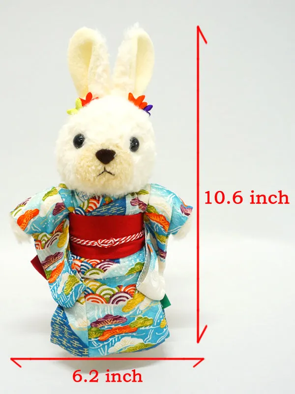 Stuffed Bunny Wearing Kimono. 10.6" (27cm) made in Japan. Stuffed Animal Kimono Teddy Bear Rabbit Doll Toys "Light Blue / Red"