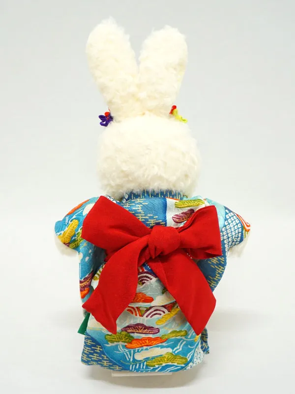 Stuffed Bunny Wearing Kimono. 10.6" (27cm) made in Japan. Stuffed Animal Kimono Teddy Bear Rabbit Doll Toys "Light Blue / Red"
