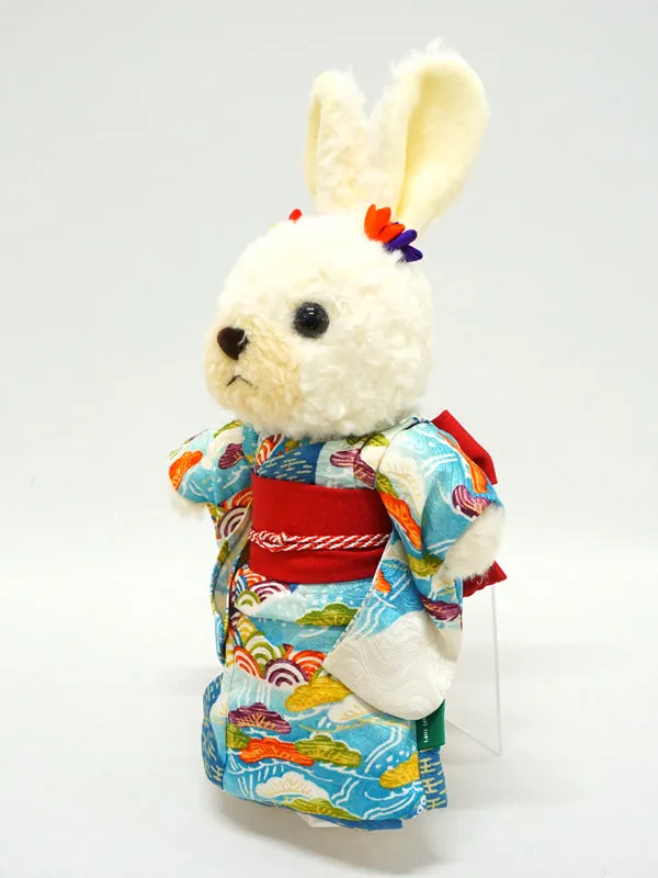 Stuffed Bunny Wearing Kimono. 10.6" (27cm) made in Japan. Stuffed Animal Kimono Teddy Bear Rabbit Doll Toys "Light Blue / Red"