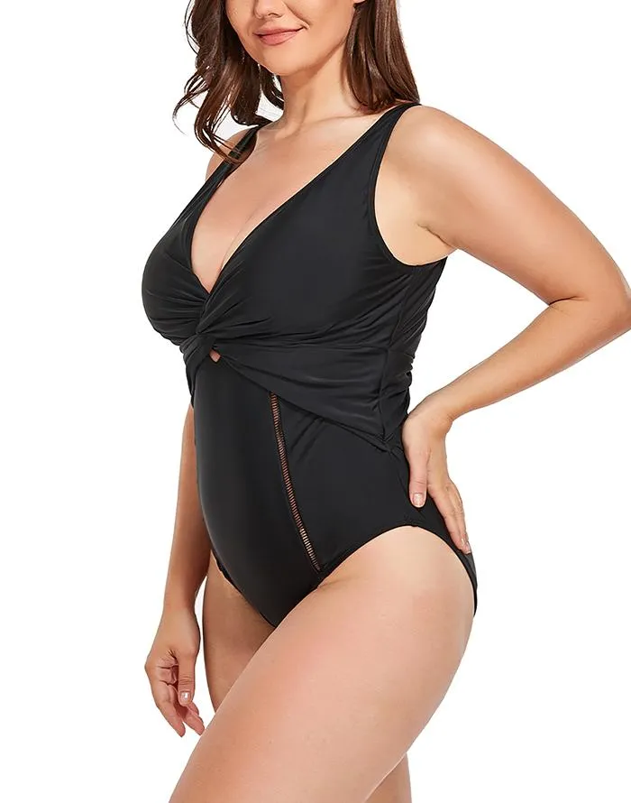 Summervivi-Black Ruched V-neck One Piece Swimsuit