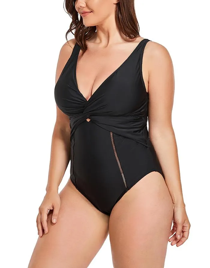 Summervivi-Black Ruched V-neck One Piece Swimsuit