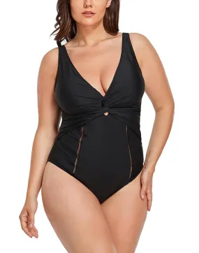 Summervivi-Black Ruched V-neck One Piece Swimsuit
