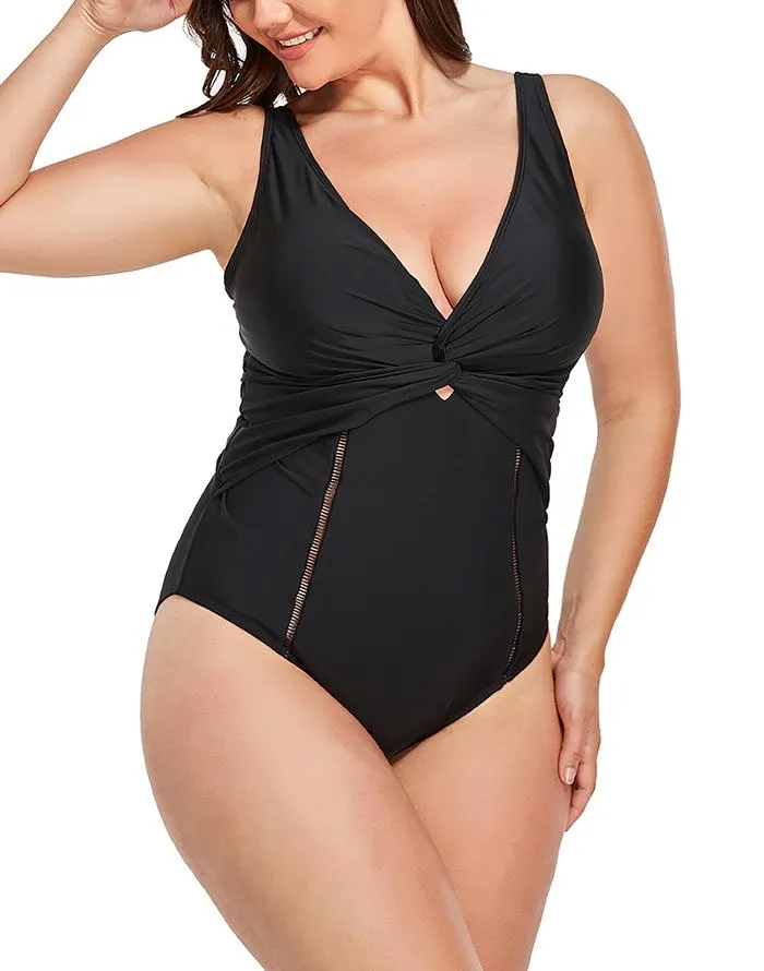 Summervivi-Black Ruched V-neck One Piece Swimsuit