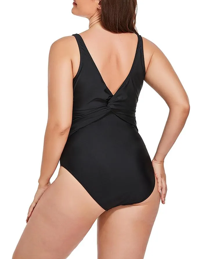 Summervivi-Black Ruched V-neck One Piece Swimsuit